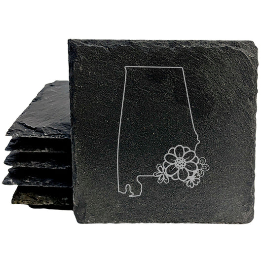Rustic Slate Coasters Set of 4 - Alabama State Outline with Flower Design, 4" Round or Square, Natural Chipped Edge, Rubber Feet, , Perfect for She-Shed or Man Cave, Made in USA