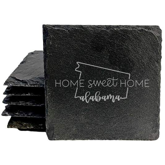 Rustic Slate Coasters Set of 4, Round 4" with 'Home Sweet Home' Alabama Design, Perfect for Holidays, Birthdays, Housewarming Gifts, Made in Oregon, USA, Natural Chipped Edge, Rubber Feet