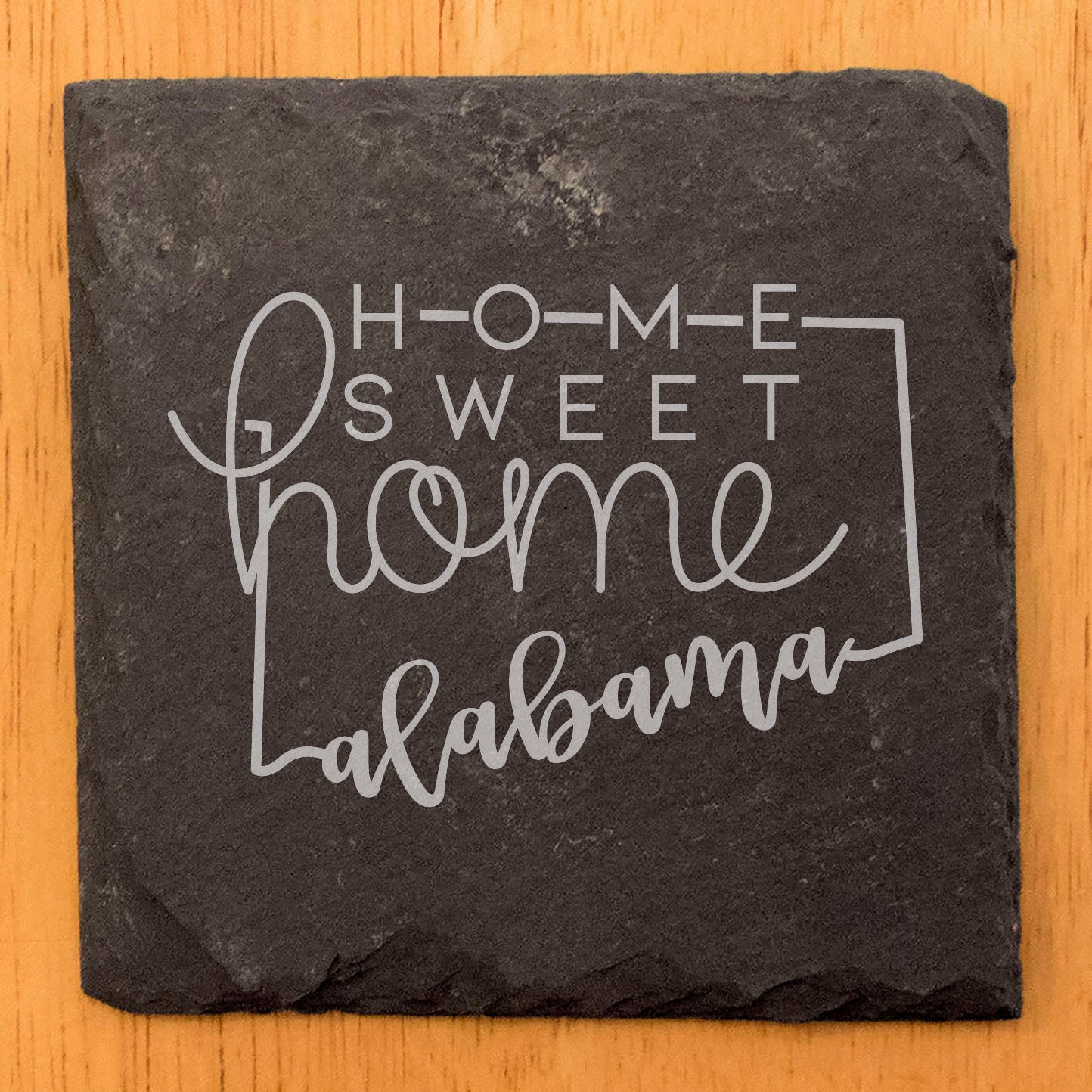 Rustic Slate Coasters Set of 4, Round 4" with Alabama 'Home Sweet Home' Design, Laser Etched, Perfect for Holidays, Birthdays, Housewarming Gifts, Made in Oregon, USA, Natural Chipped Edge