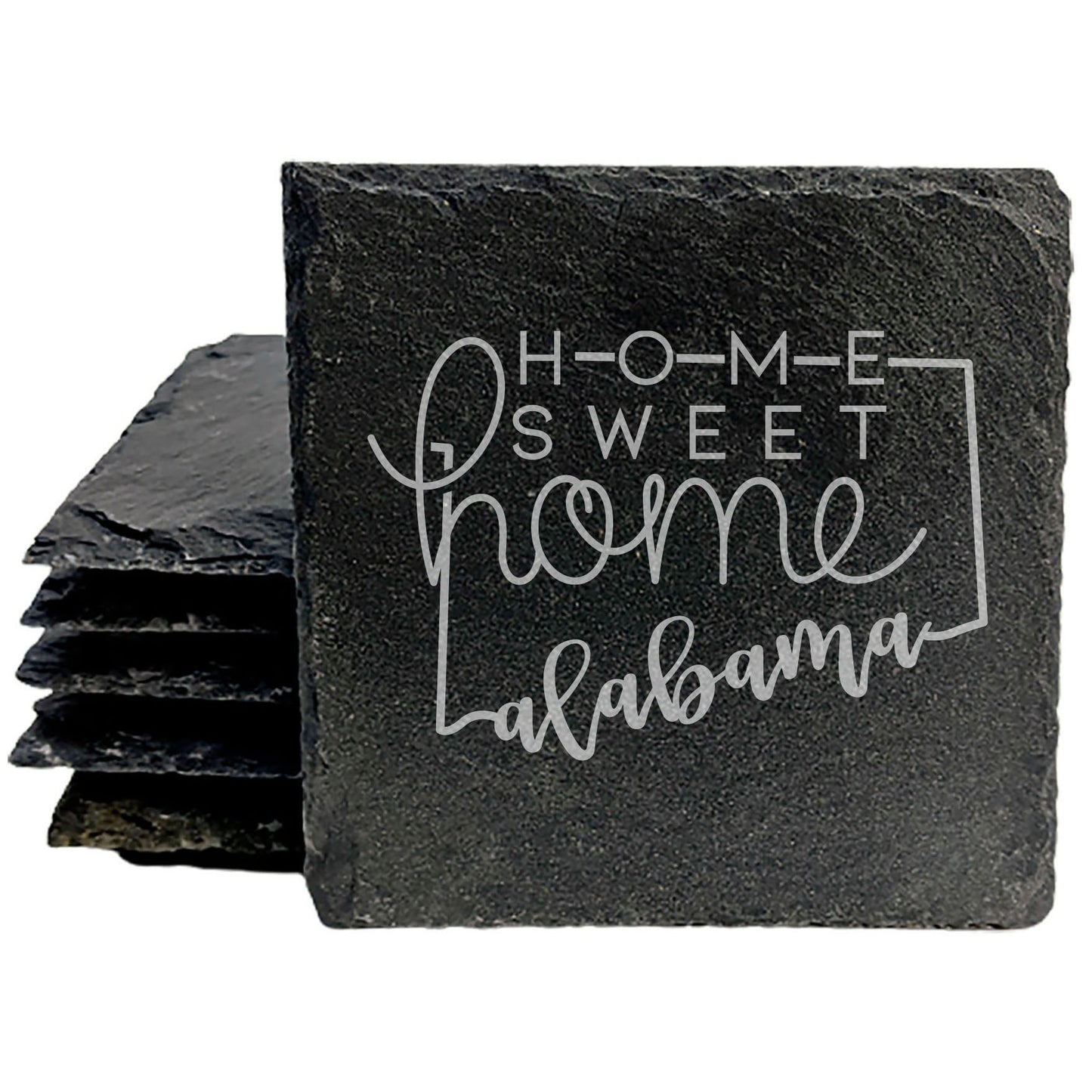 Rustic Slate Coasters Set of 4, Round 4" with Alabama 'Home Sweet Home' Design, Laser Etched, Perfect for Holidays, Birthdays, Housewarming Gifts, Made in Oregon, USA, Natural Chipped Edge