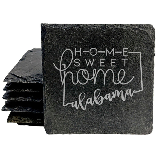 Rustic Slate Coasters Set of 4, Round 4" with Alabama 'Home Sweet Home' Design, Laser Etched, Perfect for Holidays, Birthdays, Housewarming Gifts, Made in Oregon, USA, Natural Chipped Edge