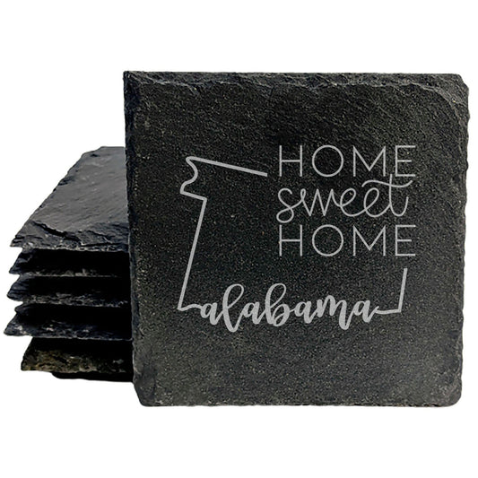 Rustic Slate Coasters Set of 4, Round 4" with Alabama 'Home Sweet Home' Design, Perfect Gift for Holidays, Birthdays, Housewarming, She-Shed, Man Cave, Made in Oregon, USA, Natural Chipped Edge