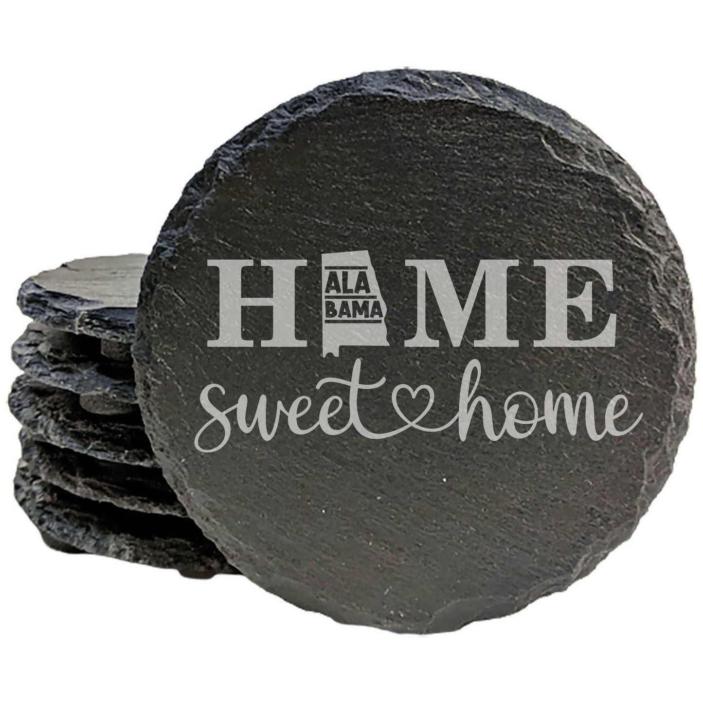 Rustic Slate Coasters Set of 4, Round 4" with 'HOME SWEET HOME' Alabama Design, Perfect Gift for Holidays, Birthdays, Housewarming, She-Shed, Man Cave, Made in Oregon, USA, Natural Chipped Edge