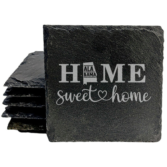 Rustic Slate Coasters Set of 4, Round 4" with 'HOME SWEET HOME' Alabama Design, Perfect Gift for Holidays, Birthdays, Housewarming, She-Shed, Man Cave, Made in Oregon, USA, Natural Chipped Edge