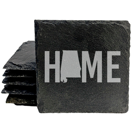 Rustic Slate Coasters Set of 4 - Laser Etched 'HOME' Design with Alabama State - Perfect Gift for Holidays, Birthdays, Housewarming - 4" Round, Natural Chipped Edge, Made in Oregon, USA