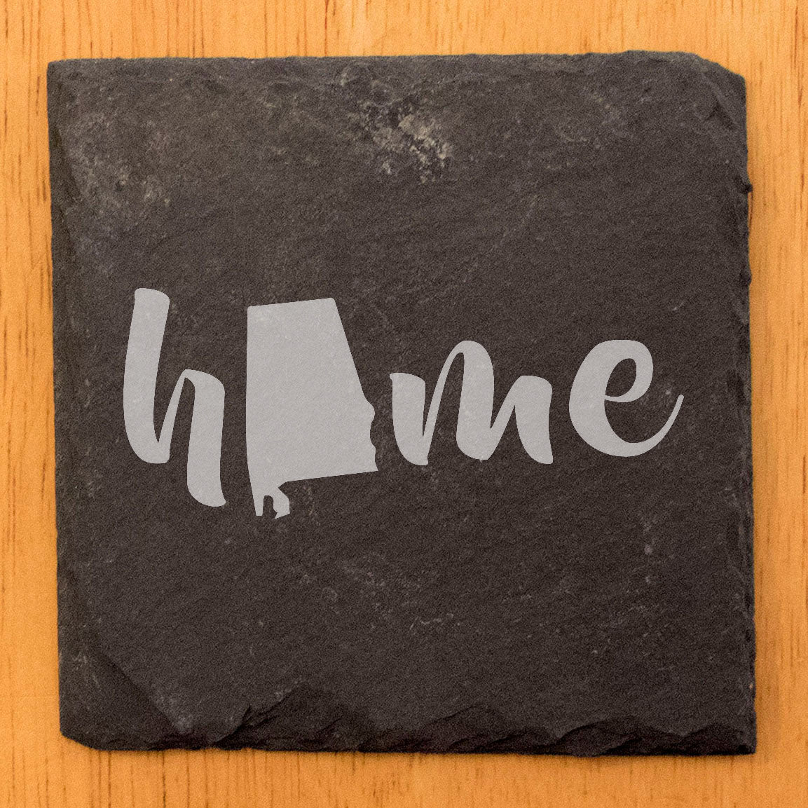 Rustic Slate Coasters Set of 4 - Laser Etched 'Home' Design with Alabama State - Perfect Gift for Holidays, Birthdays, Housewarming - 4" Round/Square - Made in Oregon, USA - Natural Chipped Edge
