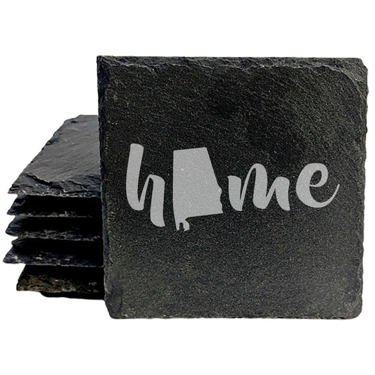 Rustic Slate Coasters Set of 4 - Laser Etched 'Home' Design with Alabama State - Perfect Gift for Holidays, Birthdays, Housewarming - 4" Round/Square - Made in Oregon, USA - Natural Chipped Edge