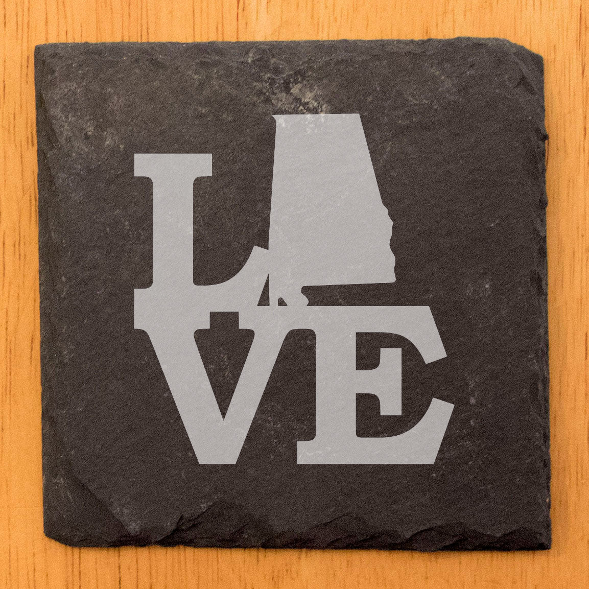 Rustic Slate Coasters Set of 4, Laser Etched 'LOVE' Design with Alabama State, 4" Round, Natural Chipped Edge, Rubber Feet, , Perfect for Holidays, Birthdays, Housewarming, USA Made