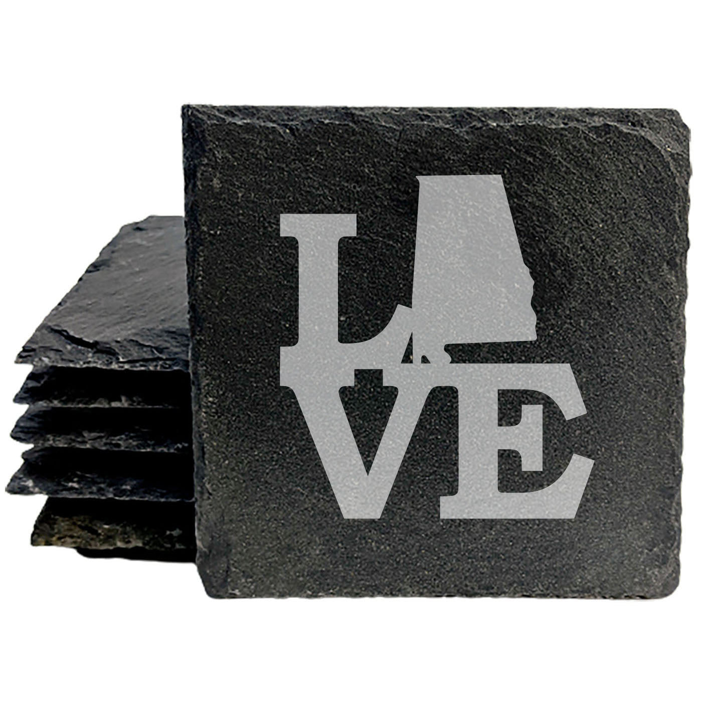 Rustic Slate Coasters Set of 4, Laser Etched 'LOVE' Design with Alabama State, 4" Round, Natural Chipped Edge, Rubber Feet, , Perfect for Holidays, Birthdays, Housewarming, USA Made