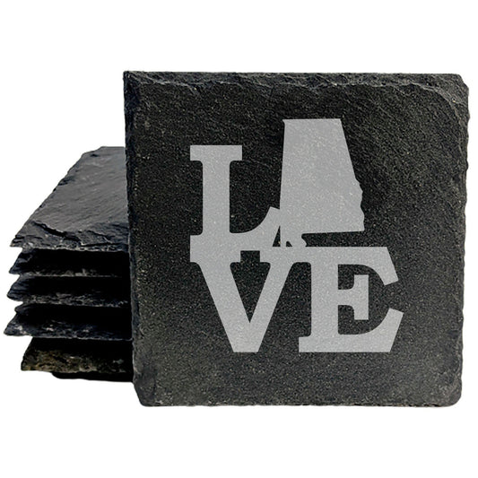 Rustic Slate Coasters Set of 4, Laser Etched 'LOVE' Design with Alabama State, 4" Round, Natural Chipped Edge, Rubber Feet, , Perfect for Holidays, Birthdays, Housewarming, USA Made