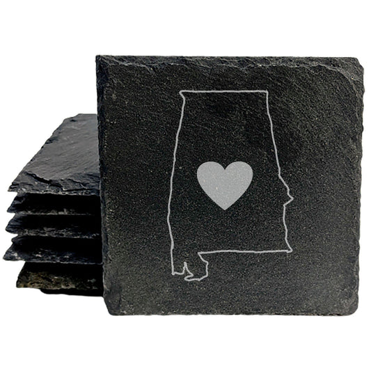 Rustic Slate Coasters Set of 4, Round 4" with Alabama Heart Design, Perfect Gift for Holidays, Birthdays, Housewarming, She-Shed, Man Cave, Made in Oregon, USA, Natural Chipped Edge, Rubber Feet