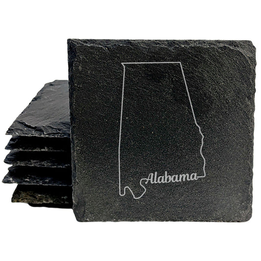 Rustic Slate Coasters Set of 4 - Alabama State Design, 4" Round, Laser Etched, Natural Chipped Edge, Rubber Feet,  - Perfect for Holidays, Birthdays, Housewarming - Made in USA