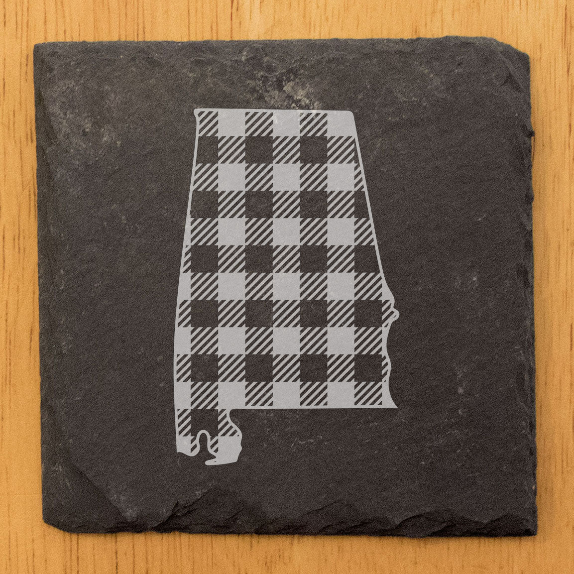 Rustic Slate Coasters Set of 4 - Alabama Plaid Design, 4" Round, Natural Chipped Edge, Rubber Feet,  - Perfect for Holidays, Birthdays, Housewarming - Made in Oregon, USA