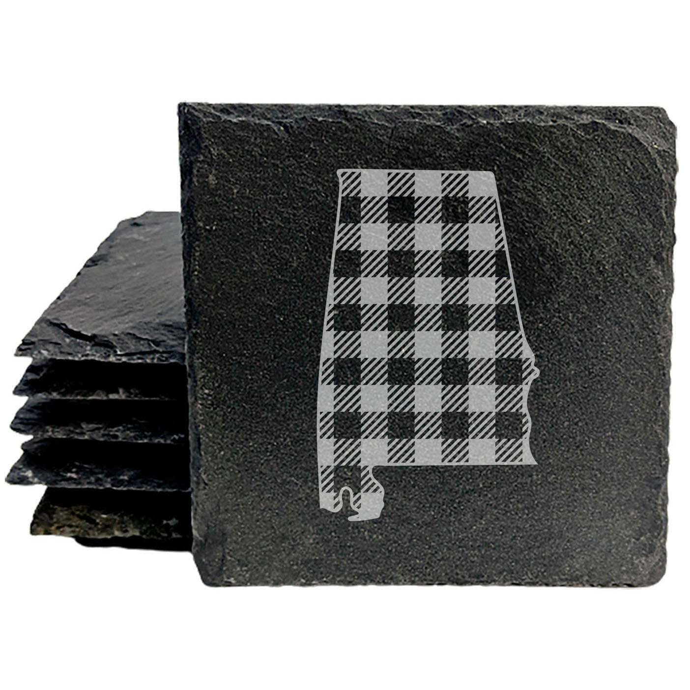 Rustic Slate Coasters Set of 4 - Alabama Plaid Design, 4" Round, Natural Chipped Edge, Rubber Feet,  - Perfect for Holidays, Birthdays, Housewarming - Made in Oregon, USA