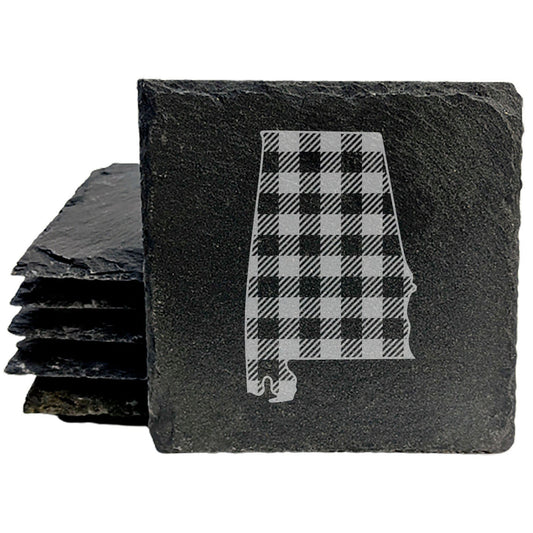 Rustic Slate Coasters Set of 4 - Alabama Plaid Design, 4" Round, Natural Chipped Edge, Rubber Feet,  - Perfect for Holidays, Birthdays, Housewarming - Made in Oregon, USA