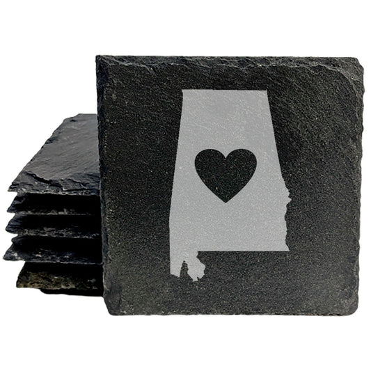 Rustic Slate Coasters Set of 4, Round 4" with Alabama Heart Design, Laser Etched, Perfect Gift for Holidays, Birthdays, Housewarming, She-Shed, Man Cave, Made in Oregon, USA, Natural Chipped Edge