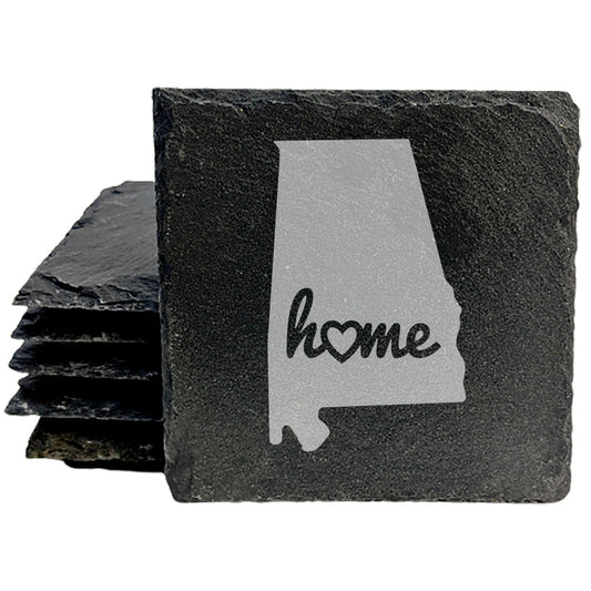 Rustic Slate Coasters Set of 4, Round 4" with Alabama 'Home' Heart Design, Perfect for Holidays, Birthdays, Housewarming Gifts, She-Shed or Man Cave, Made in Oregon, USA, Natural Chipped Edge