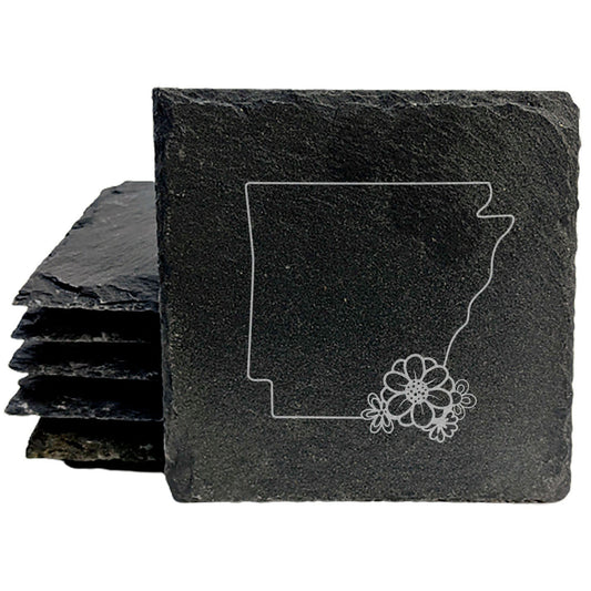 Rustic Slate Coasters Set of 4 - Arkansas Design with Flower, 4" Round/Square, Natural Chipped Edge, Rubber Feet,  - Perfect for Holidays, Birthdays, Housewarming - Made in USA