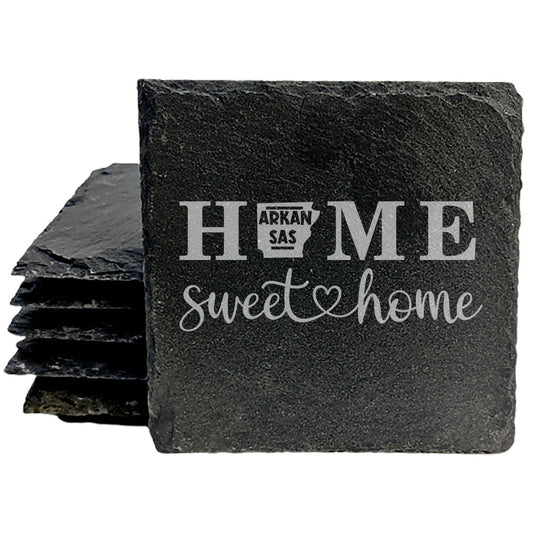 Rustic Slate Coasters Set of 4, Laser Etched 'HOME SWEET HOME' Design, Arkansas State Shape, Perfect Gift for Holidays, Birthdays, Housewarming, Made in Oregon, USA, 4" Round, Natural Edge