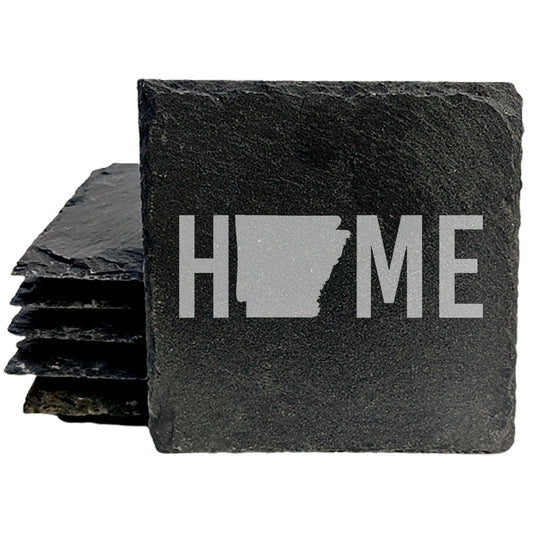 Rustic Slate Coasters Set of 4, Laser Etched 'HOME' Design with Arkansas State, 4" Round, Natural Chipped Edge, Rubber Feet, Perfect Gift for Holidays, Birthdays, Housewarming, Made in USA