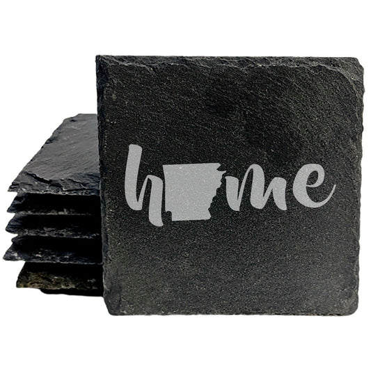Rustic Slate Coasters Set of 4 - Laser Etched 'Home' Design with Arkansas State - Perfect Gift for Holidays, Birthdays, Housewarming - 4" Round/Square - Made in Oregon, USA - Natural Chipped Edge