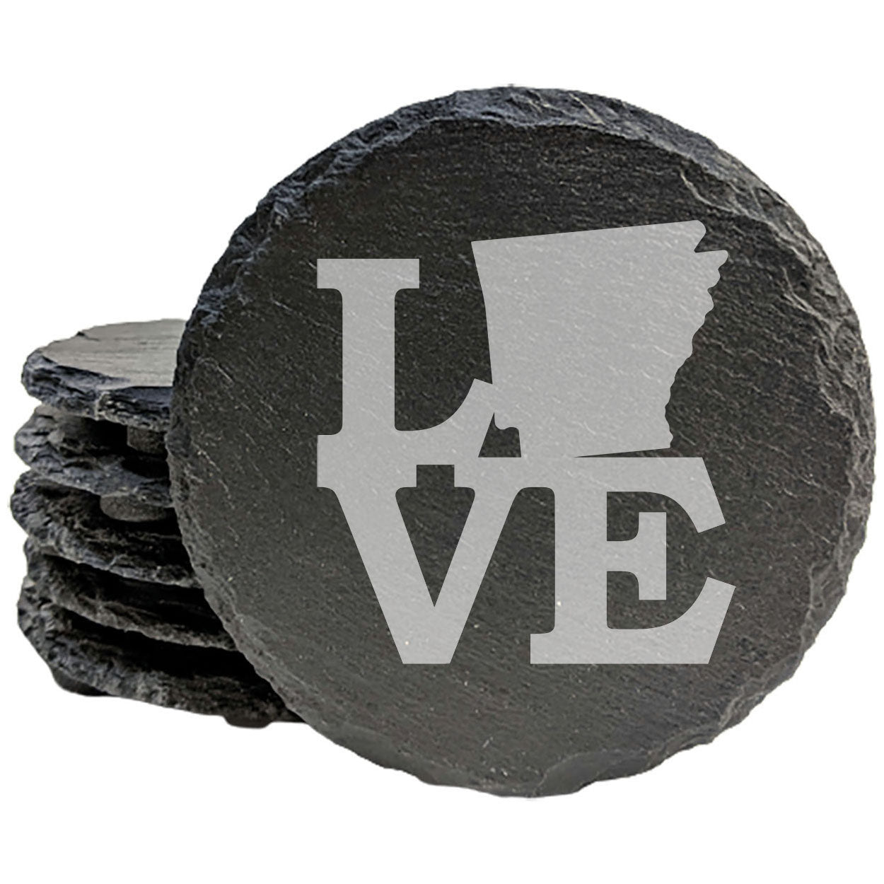 Rustic Slate Coasters Set of 4, Laser Etched 'LOVE' Design with Arkansas State, 4" Round, Natural Chipped Edge, Rubber Feet, Perfect Gift for Holidays, Birthdays, Housewarming, Made in USA