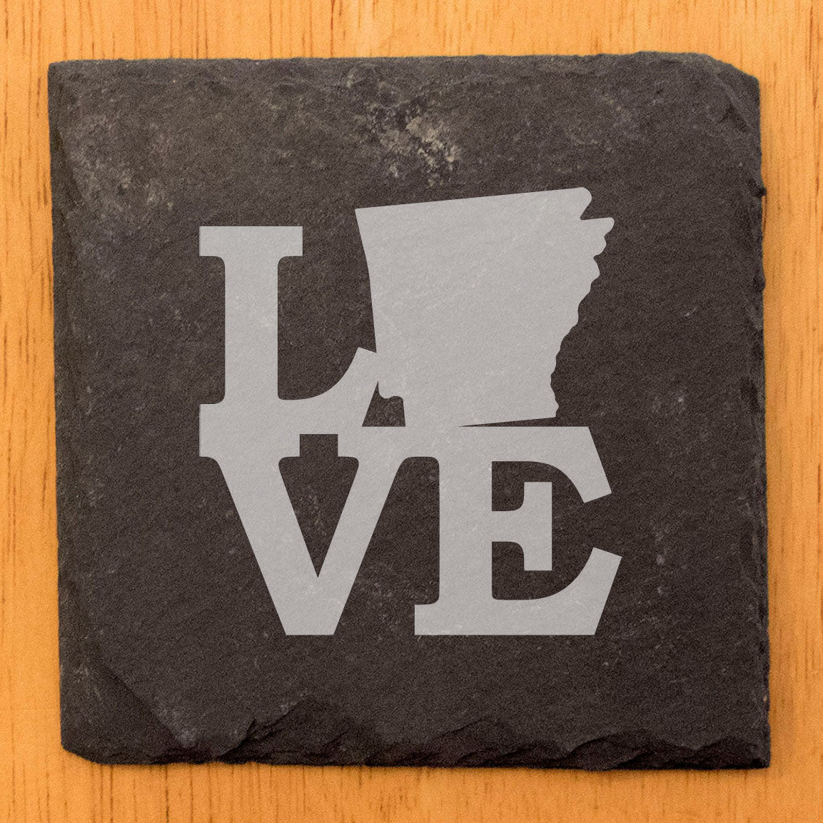 Rustic Slate Coasters Set of 4, Laser Etched 'LOVE' Design with Arkansas State, 4" Round, Natural Chipped Edge, Rubber Feet, Perfect Gift for Holidays, Birthdays, Housewarming, Made in USA