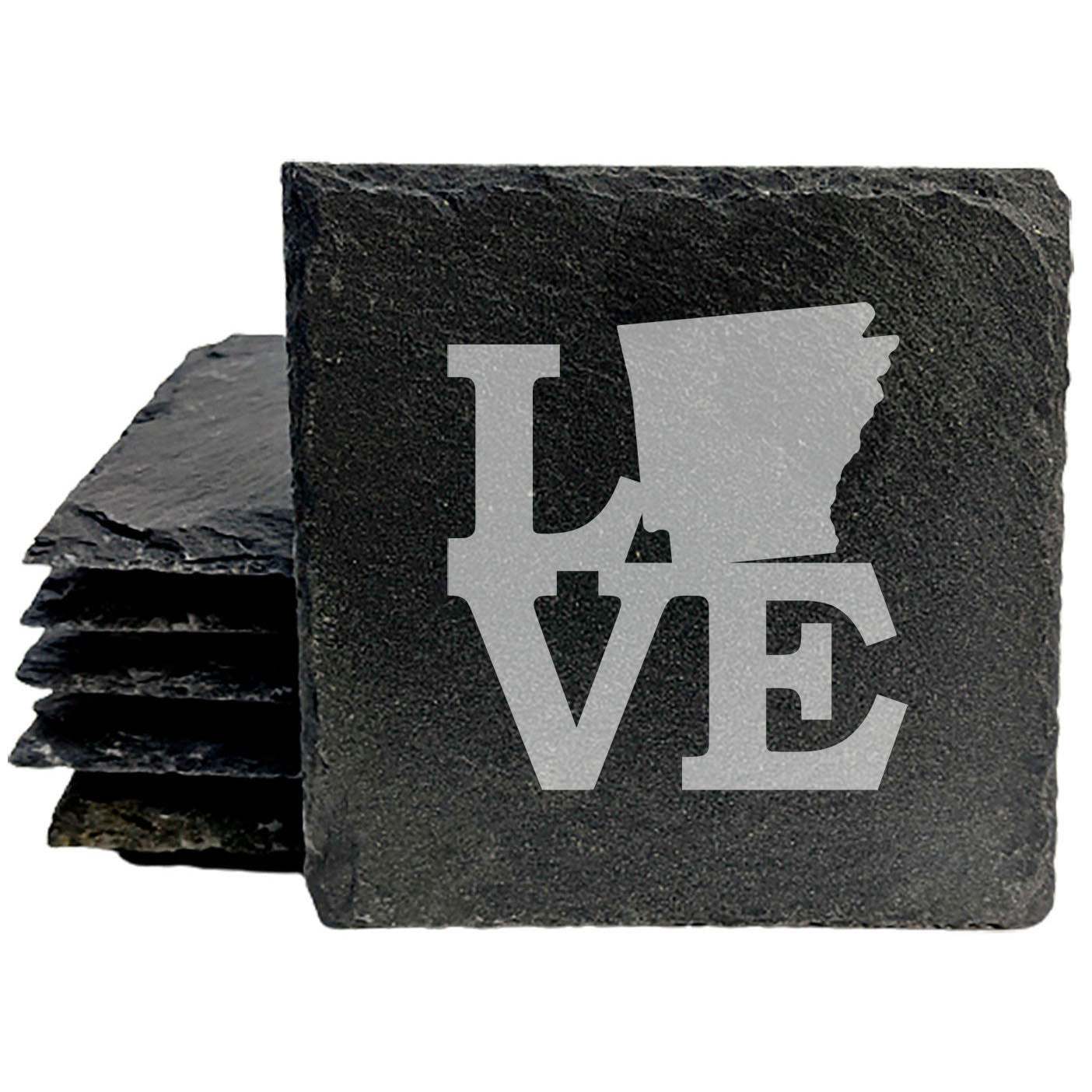 Rustic Slate Coasters Set of 4, Laser Etched 'LOVE' Design with Arkansas State, 4" Round, Natural Chipped Edge, Rubber Feet, Perfect Gift for Holidays, Birthdays, Housewarming, Made in USA