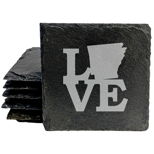 Rustic Slate Coasters Set of 4, Laser Etched 'LOVE' Design with Arkansas State, 4" Round, Natural Chipped Edge, Rubber Feet, Perfect Gift for Holidays, Birthdays, Housewarming, Made in USA