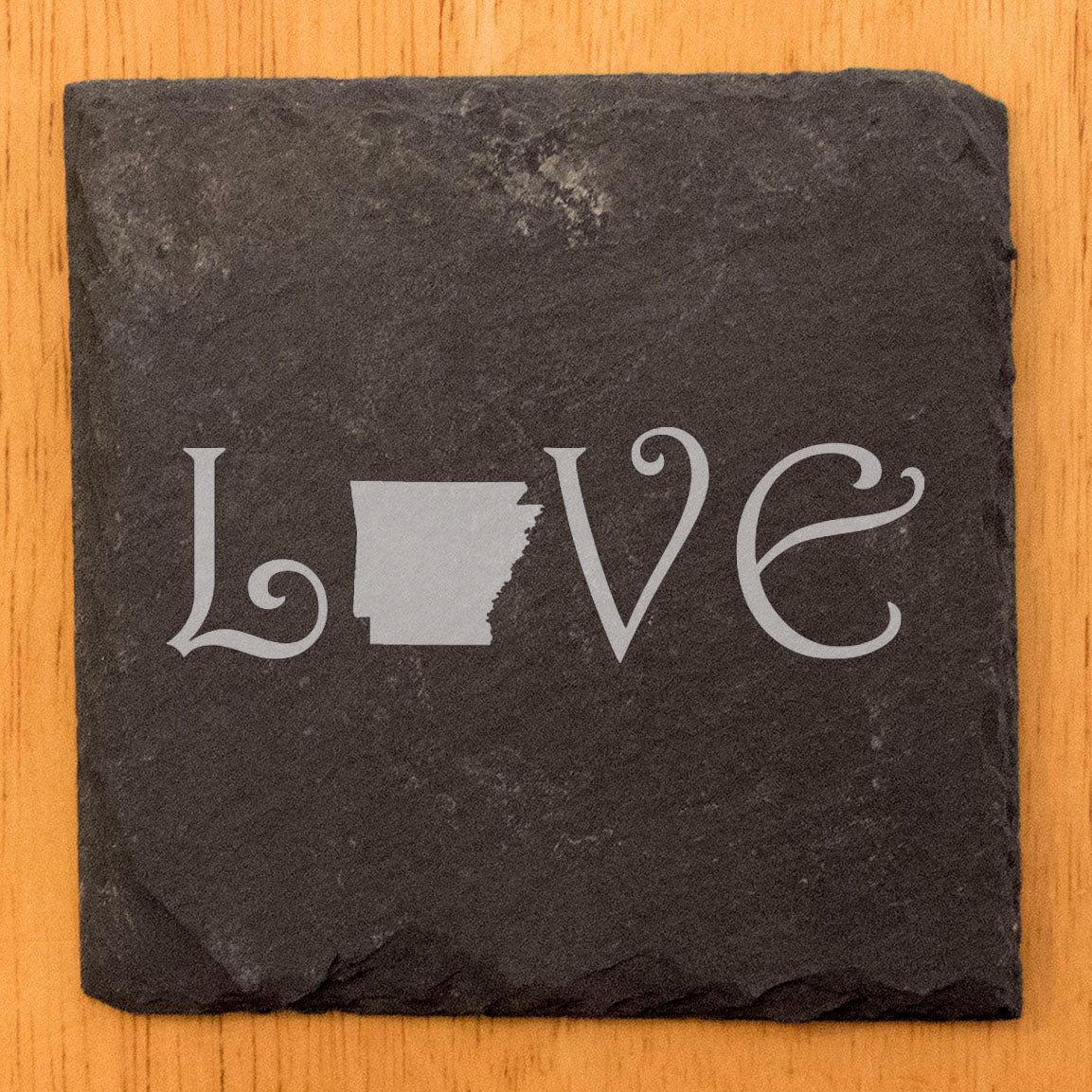 Rustic Slate Coasters Set of 4, Square 4" with 'LOVE' Arkansas Design, Perfect for Holidays, Birthdays, Housewarming Gifts, She-Shed or Man Cave, Made in Oregon, USA, Natural Chipped Edge