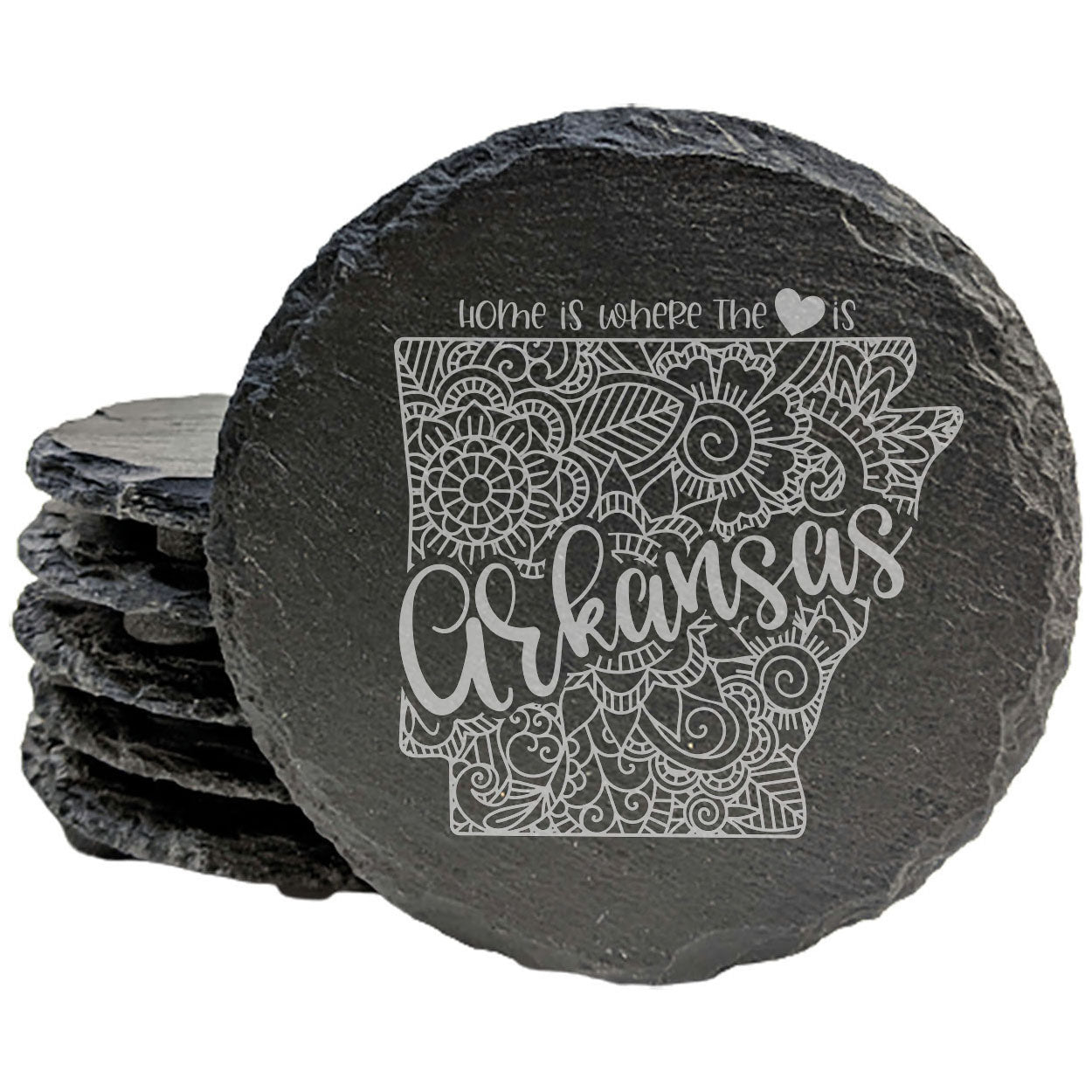 Rustic Slate Coasters Set of 4, Round 4" with Arkansas Mandala Design, 'Home is Where the Heart Is' Quote, Perfect Gift for Holidays, Birthdays, Housewarming, Made in Oregon, USA, Small Business