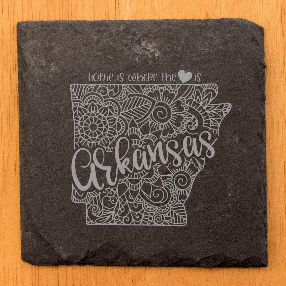 Rustic Slate Coasters Set of 4, Round 4" with Arkansas Mandala Design, 'Home is Where the Heart Is' Quote, Perfect Gift for Holidays, Birthdays, Housewarming, Made in Oregon, USA, Small Business