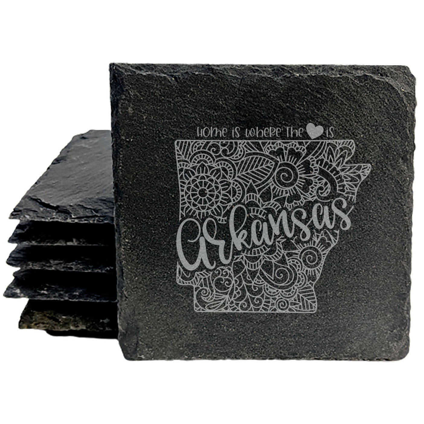 Rustic Slate Coasters Set of 4, Round 4" with Arkansas Mandala Design, 'Home is Where the Heart Is' Quote, Perfect Gift for Holidays, Birthdays, Housewarming, Made in Oregon, USA, Small Business