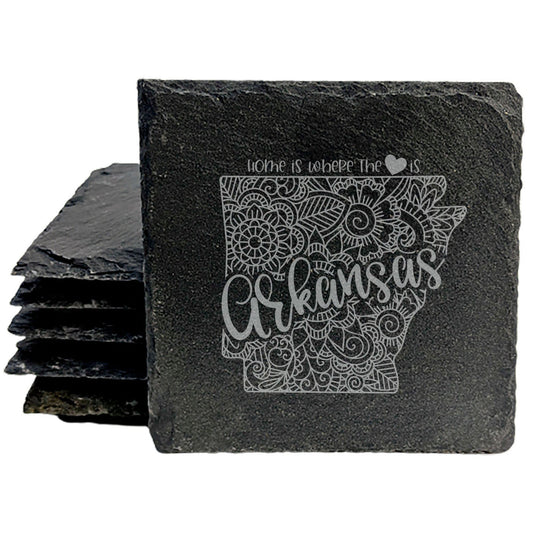 Rustic Slate Coasters Set of 4, Round 4" with Arkansas Mandala Design, 'Home is Where the Heart Is' Quote, Perfect Gift for Holidays, Birthdays, Housewarming, Made in Oregon, USA, Small Business