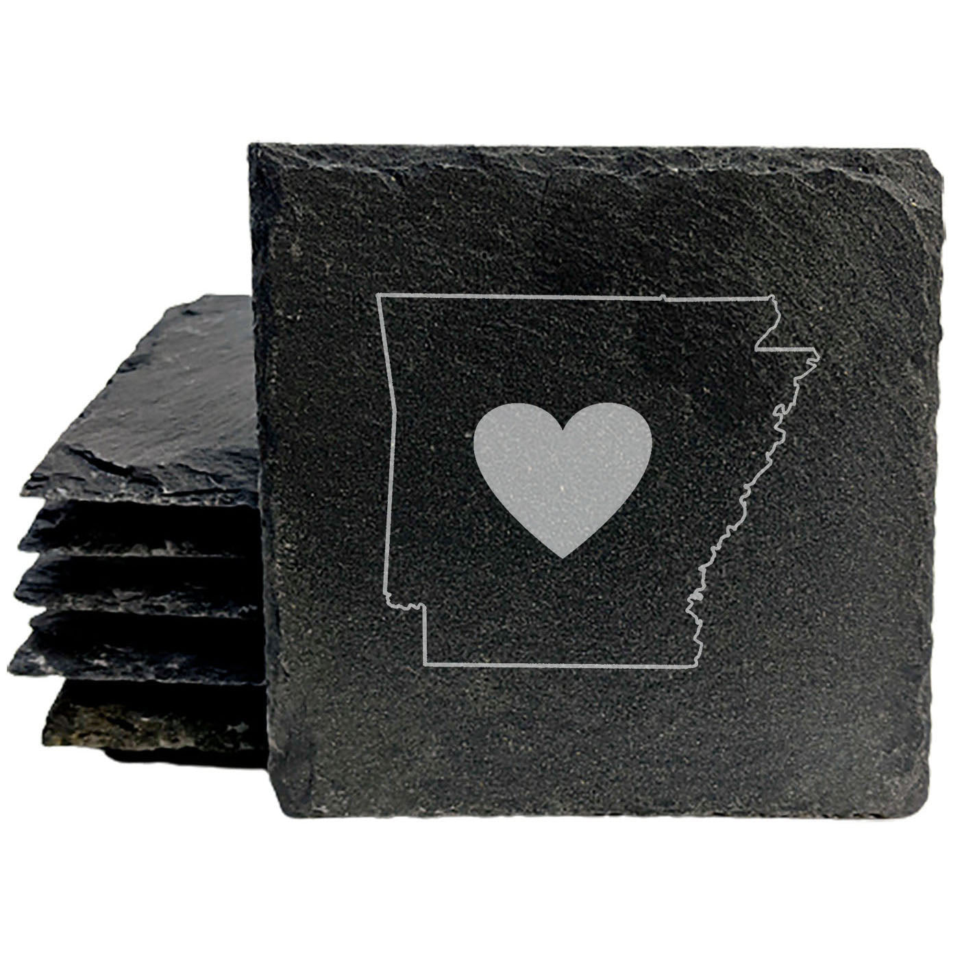Rustic Slate Coasters Set of 4, Round 4" with Arkansas Heart Design, Laser Etched, Perfect for Holidays, Birthdays, Housewarming, She-Shed, Man Cave, Made in Oregon, USA,
