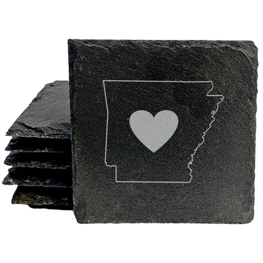 Rustic Slate Coasters Set of 4, Round 4" with Arkansas Heart Design, Laser Etched, Perfect for Holidays, Birthdays, Housewarming, She-Shed, Man Cave, Made in Oregon, USA,