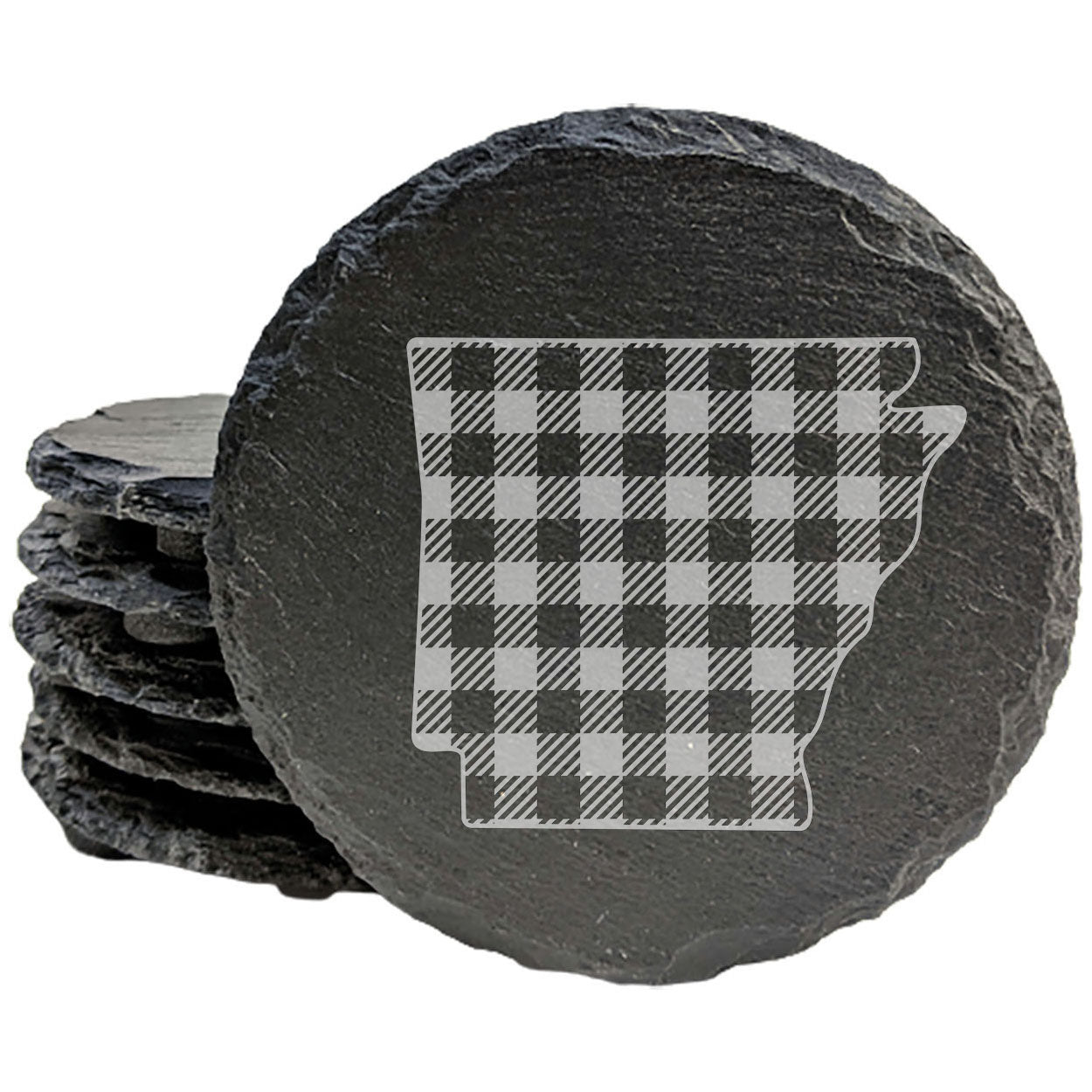 Rustic Slate Coasters Set of 4, Round 4" with Arkansas Plaid Design, Perfect for Holidays, Birthdays, Housewarming Gifts, She-Shed or Man Cave, Made in USA, Natural Chipped Edge, Rubber Feet