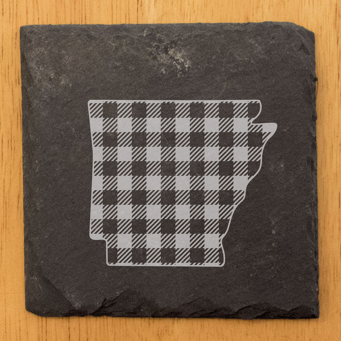Rustic Slate Coasters Set of 4, Round 4" with Arkansas Plaid Design, Perfect for Holidays, Birthdays, Housewarming Gifts, She-Shed or Man Cave, Made in USA, Natural Chipped Edge, Rubber Feet