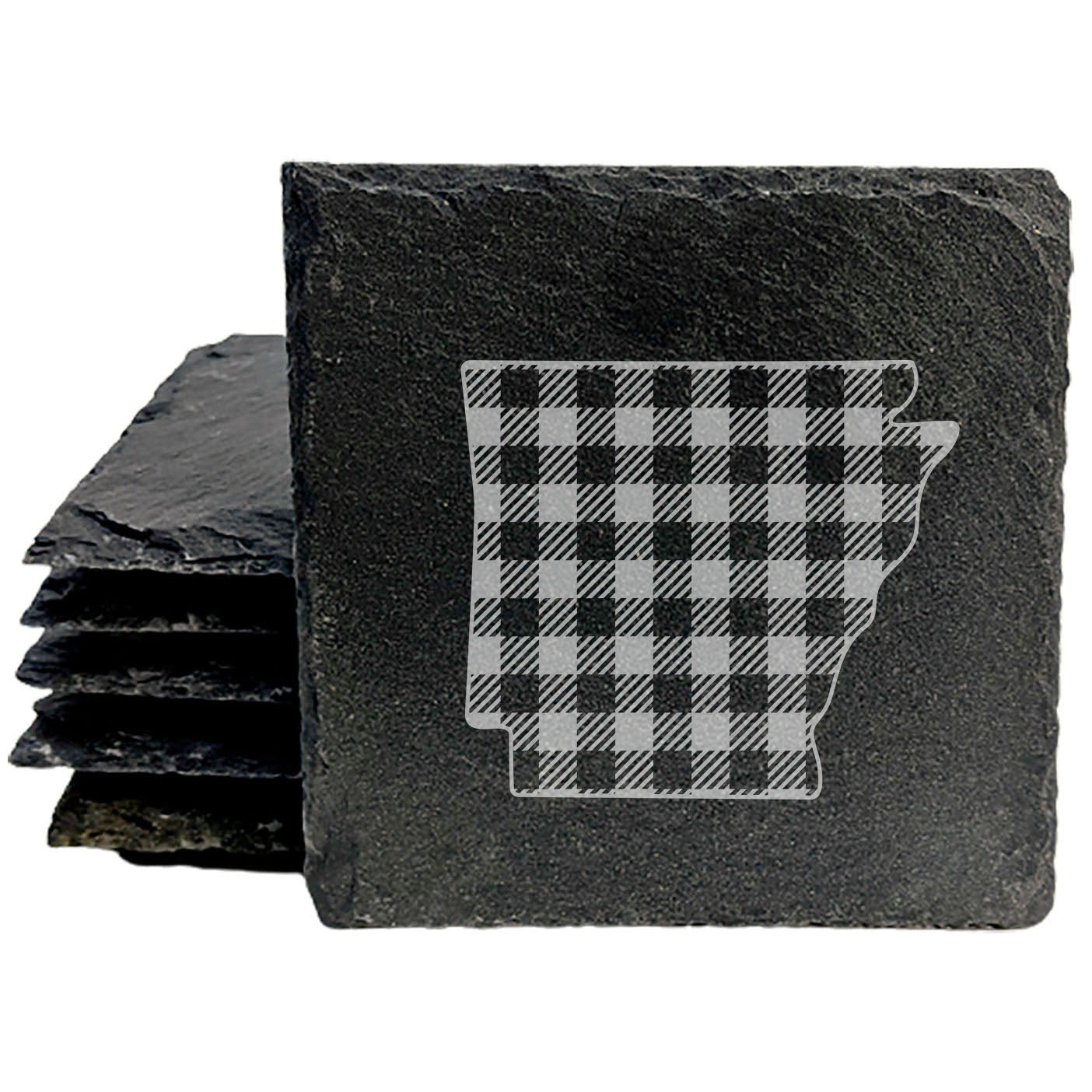 Rustic Slate Coasters Set of 4, Round 4" with Arkansas Plaid Design, Perfect for Holidays, Birthdays, Housewarming Gifts, She-Shed or Man Cave, Made in USA, Natural Chipped Edge, Rubber Feet