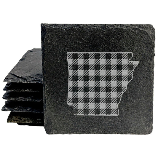 Rustic Slate Coasters Set of 4, Round 4" with Arkansas Plaid Design, Perfect for Holidays, Birthdays, Housewarming Gifts, She-Shed or Man Cave, Made in USA, Natural Chipped Edge, Rubber Feet