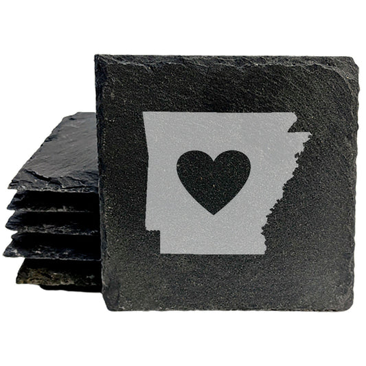 Rustic Slate Coasters Set of 4, Laser Etched Arkansas Design with Heart, 4" Round, Natural Chipped Edge, Rubber Feet, Perfect Gift for Holidays, Birthdays, Housewarming, Made in Oregon, USA