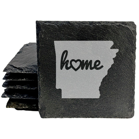 Rustic Slate Coasters Set of 4, Laser Etched Arkansas 'Home' Design, Perfect Gift for Holidays, Birthdays, Housewarming, She-Shed, Man Cave, Made in Oregon, USA, 4" Round, Natural Chipped Edge