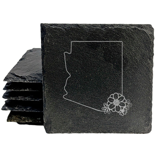 Rustic Slate Coasters Set of 4 - Arizona Design with Flower, 4" Round/Square, Natural Chipped Edge, Rubber Feet,  - Perfect for Holidays, Birthdays, Housewarming - Made in USA