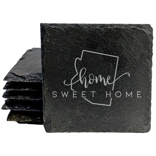 Rustic Slate Coasters Set of 4, 4" Round, Laser Etched Arizona 'Home Sweet Home' Design, Perfect Gift for Holidays, Birthdays, Housewarming, She-Shed, Man Cave, Made in Oregon, USA, Natural Edge