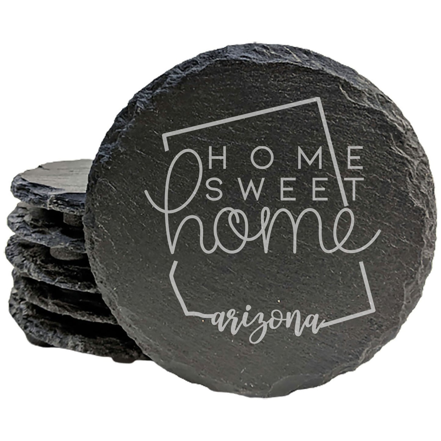 Rustic Slate Coasters Set of 4, Round 4" with Arizona Design, 'Home Sweet Home' Laser Etched, Perfect for Holidays, Birthdays, Housewarming Gifts, Made in Oregon, USA by Small Business