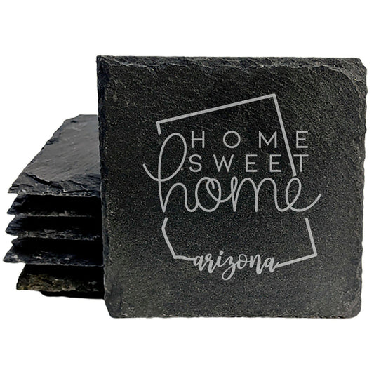 Rustic Slate Coasters Set of 4, Round 4" with Arizona Design, 'Home Sweet Home' Laser Etched, Perfect for Holidays, Birthdays, Housewarming Gifts, Made in Oregon, USA by Small Business