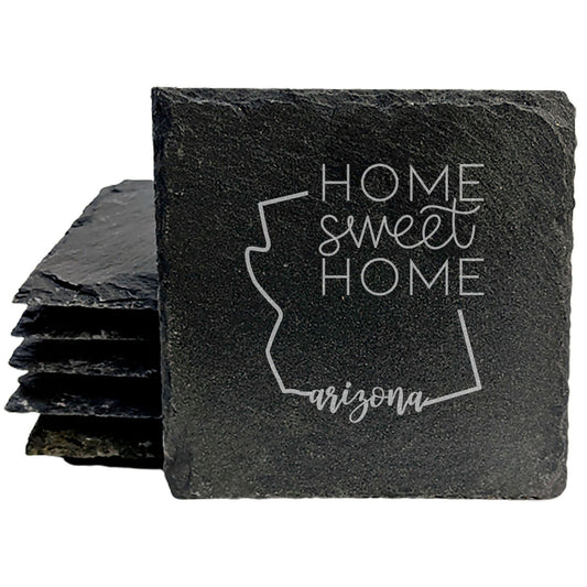 Rustic Slate Coasters Set of 4, Round 4" with Arizona 'Home Sweet Home' Design, Perfect Gift for Holidays, Birthdays, Housewarming, She-Shed, Man Cave, Made in Oregon, USA, Natural Chipped Edge