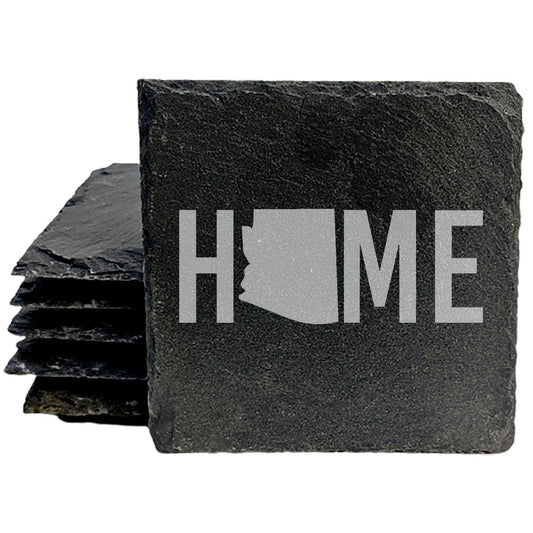 Rustic Slate Coasters Set of 4, Laser Etched 'HOME' Design with Arizona State, 4" Round, Natural Chipped Edge, Rubber Feet, , Perfect for Holidays, Birthdays, Housewarming, USA Made