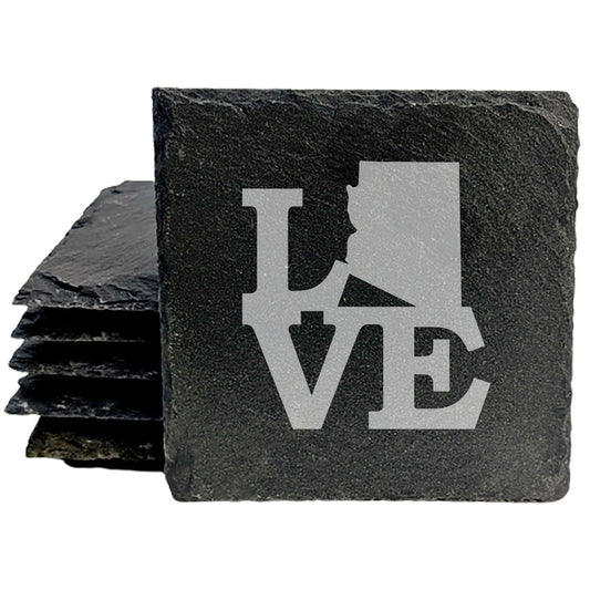 Rustic Slate Coasters Set of 4, Laser Etched 'LOVE' Design with Arizona State, 4" Round, Natural Chipped Edge, Rubber Feet, Perfect Gift for Holidays, Birthdays, Housewarming, Made in USA
