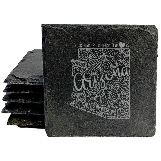 Rustic Slate Coasters Set of 4, Round 4" with Arizona Mandala Design, 'Home is Where the Heart Is' Quote, Perfect for Holidays, Birthdays, Housewarming, She-Shed, Man Cave, Made in Oregon, USA
